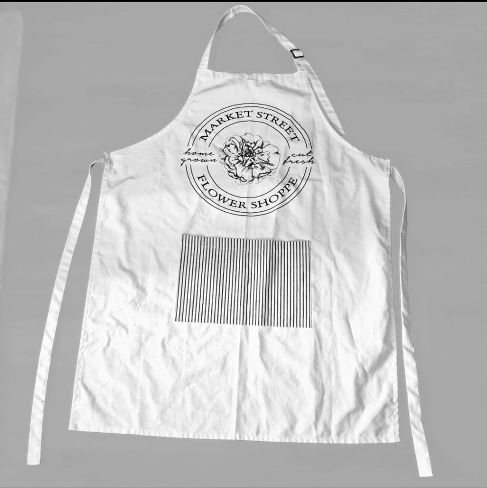 ​Market Street Flower Shoppe Apron Botanical Floral Ticking Stripe Pocket Farm